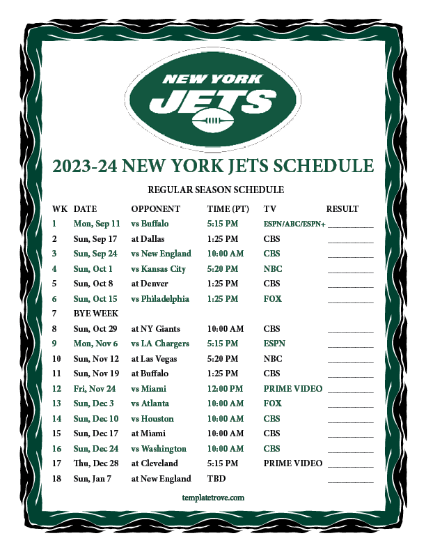 Printable 20232024 New York Jets Schedule