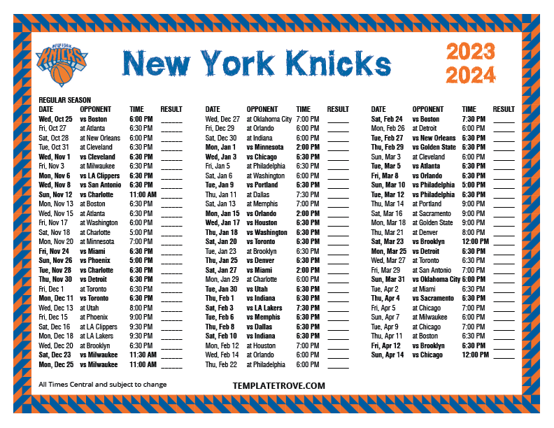 Printable 2023 2024 New York Knicks Schedule