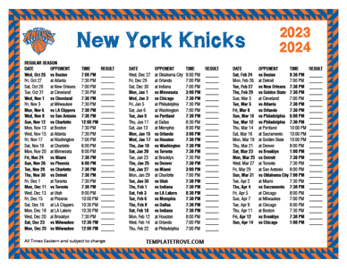 New York Knicks 2023-24 Printable Schedule