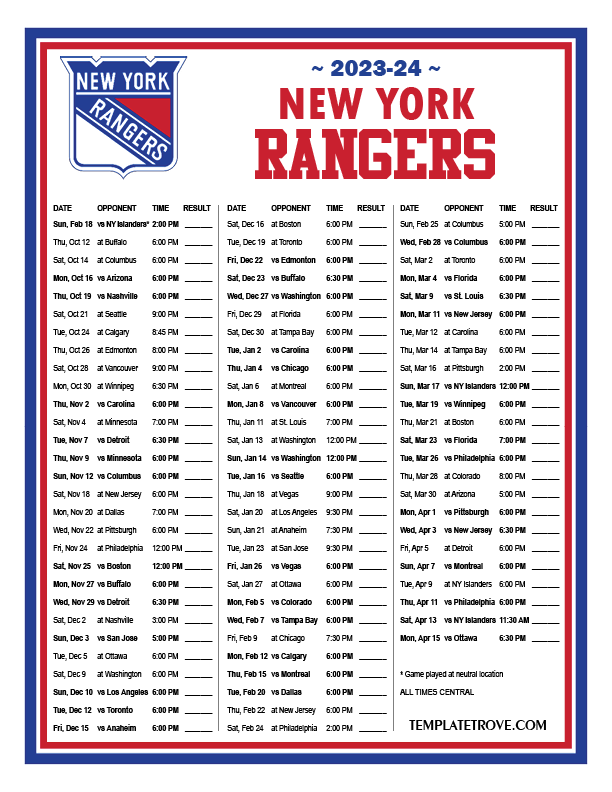New York Rangers 2024 Team Calendar