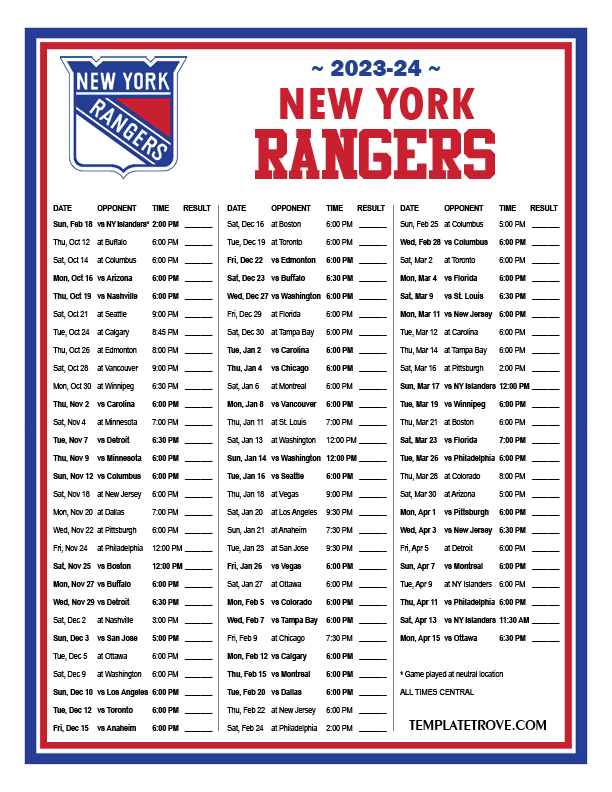 Printable 2023 2024 New York Rangers Schedule