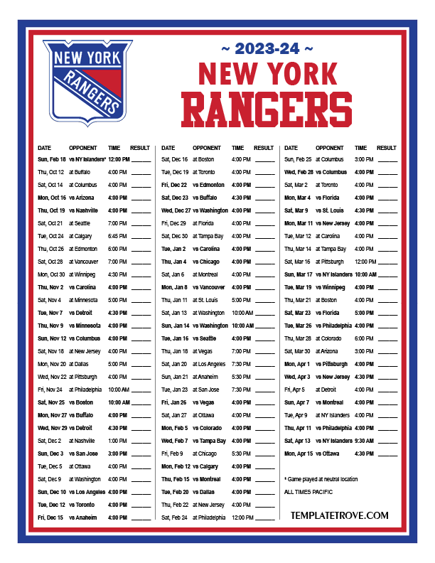 Printable 20232024 New York Rangers Schedule