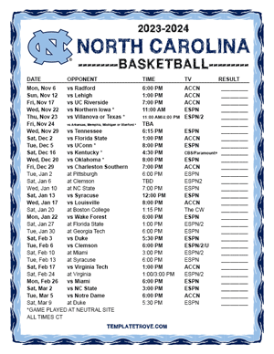 North Carolina Tarheels Basketball 2023-24 Printable Schedule - Central Times