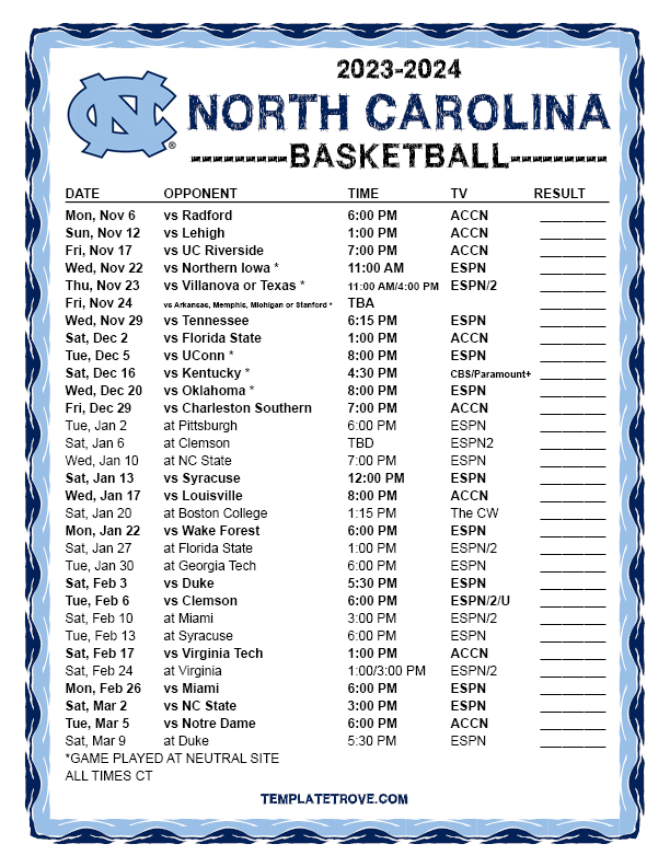 Printable 20232024 North Carolina Tarheels Basketball Schedule