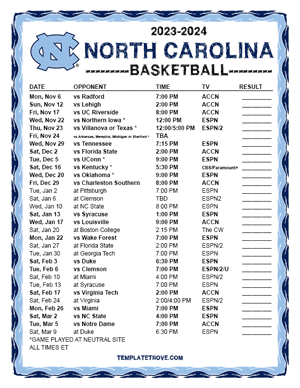 North Carolina Tarheels Basketball 2023-24 Printable Schedule