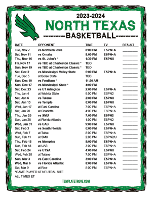 North Texas Mean Green Basketball 2023-24 Printable Schedule
