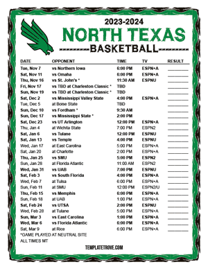 North Texas Mean Green Basketball 2023-24 Printable Schedule - Mountain Times