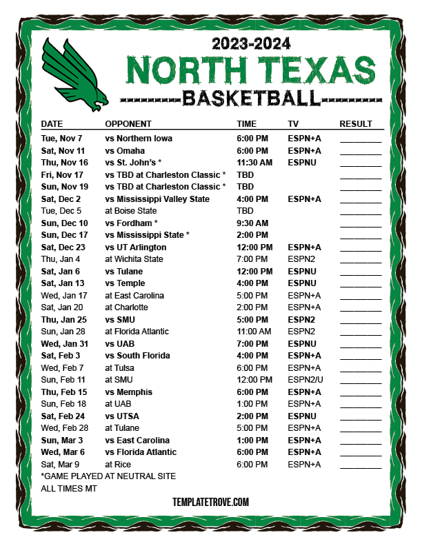 Printable 2023-2024 North Texas Mean Green Basketball Schedule