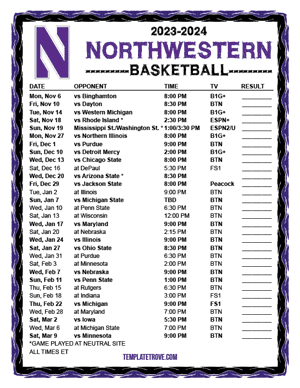 Northwestern Wildcats Basketball 2023-24 Printable Schedule