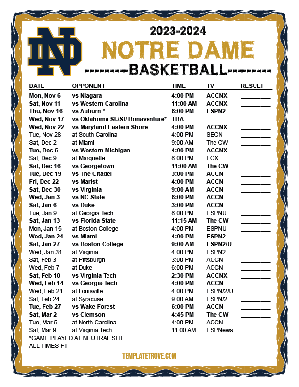 Printable 20232024 Notre Dame Fighting Irish Basketball Schedule