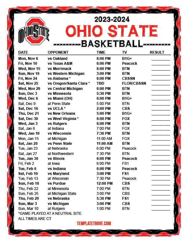 Printable 2023-2024 Ohio State Buckeyes Basketball Schedule