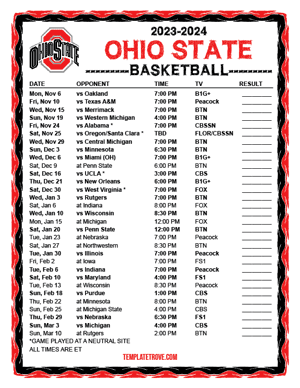 Ohio State Buckeyes Basketball 2023-24 Printable Schedule