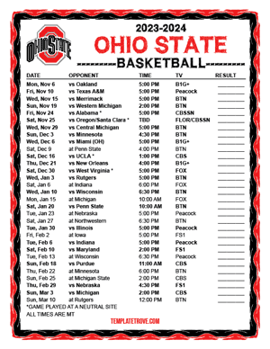 Ohio State Buckeyes Basketball 2023-24 Printable Schedule - Mountain Times