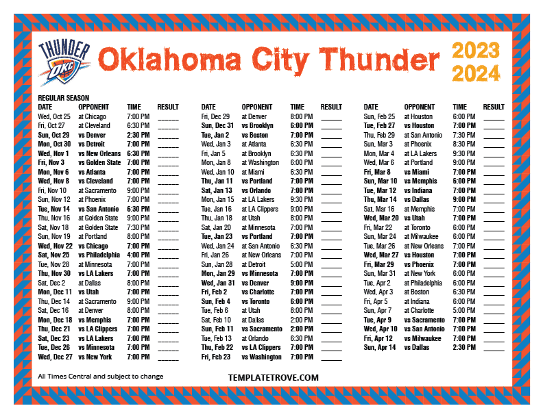 Printable 20232024 Oklahoma City Thunder Schedule
