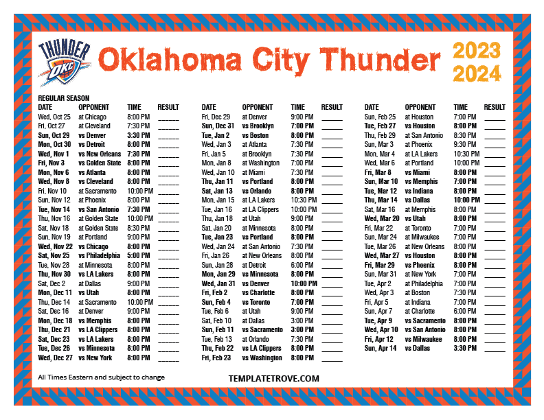 Printable 20232024 Oklahoma City Thunder Schedule
