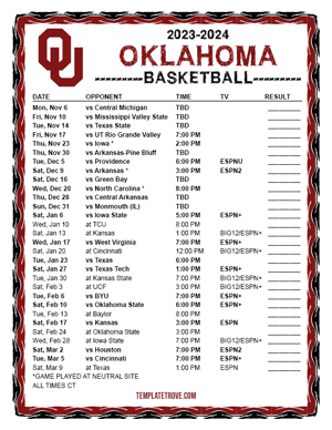 Oklahoma Sooners Basketball 2023-24 Printable Schedule - Central Times