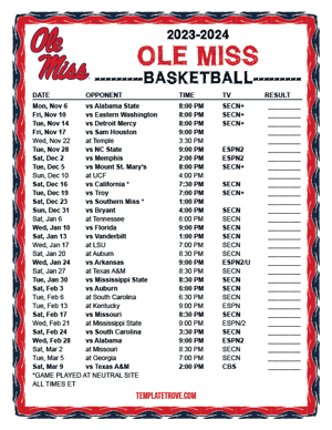 Ole Miss Rebels Basketball 2023-24 Printable Schedule
