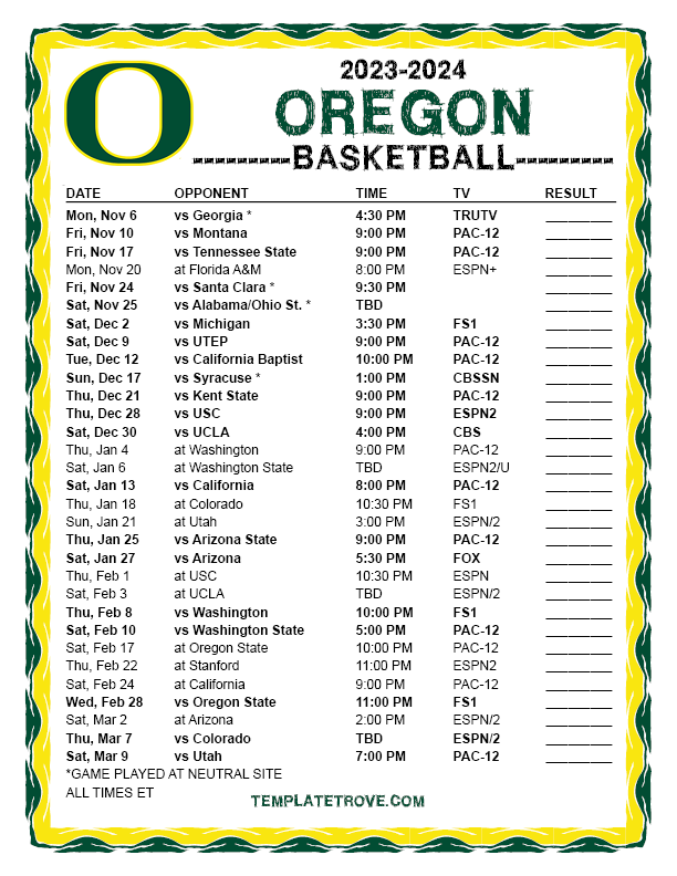 Printable 20232024 Oregon Ducks Basketball Schedule
