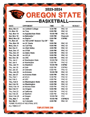 Oregon State Beavers Basketball 2023-24 Printable Schedule - Central Times