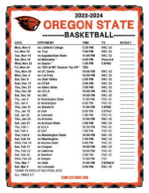 Oregon State Beavers Basketball 2023-24 Printable Schedule
