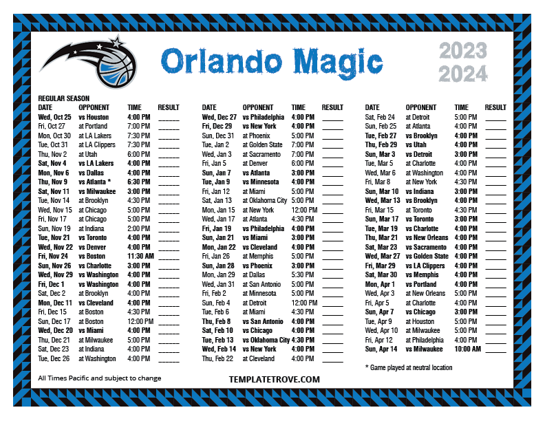 2023 2024 Printable Orlando Magic Schedule Pacific Times 