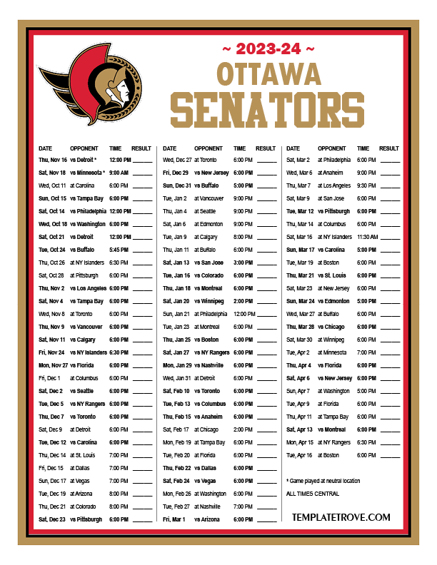 Printable 2023-2024 Ottawa Senators Schedule