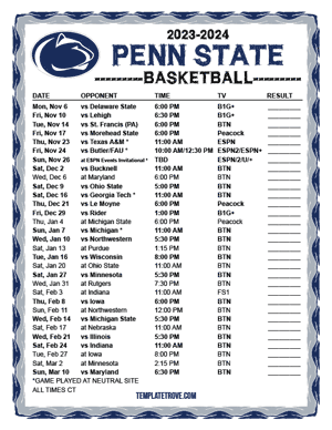 Penn State Nittany Lions Basketball 2023-24 Printable Schedule - Central Times
