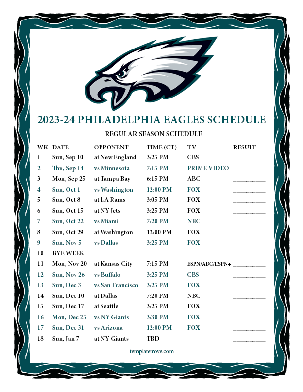2023 2024 Printable Philadelphia Eagles Schedule CT PNG 