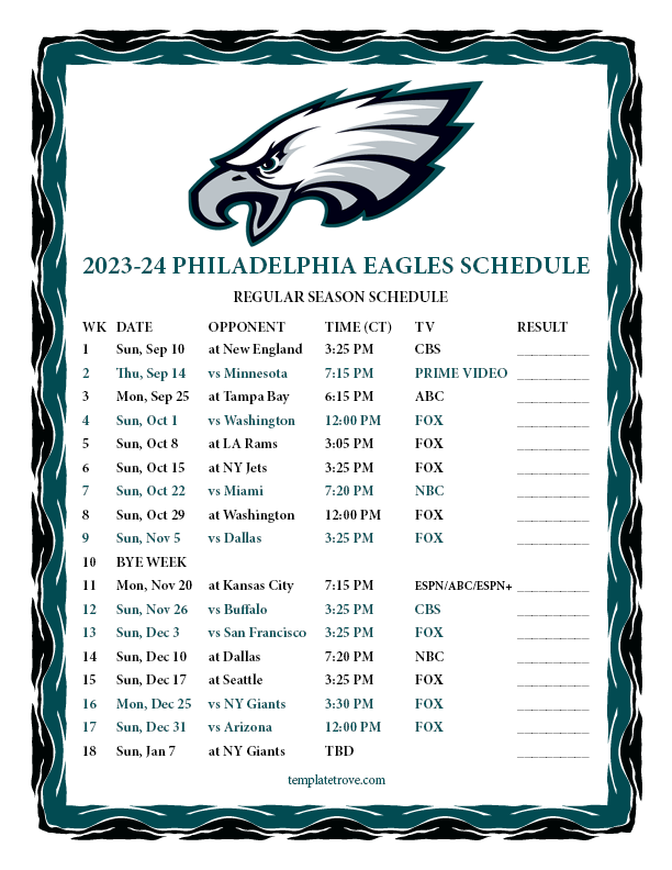 Eagles 2024 Schedule Printable Beth Marisa