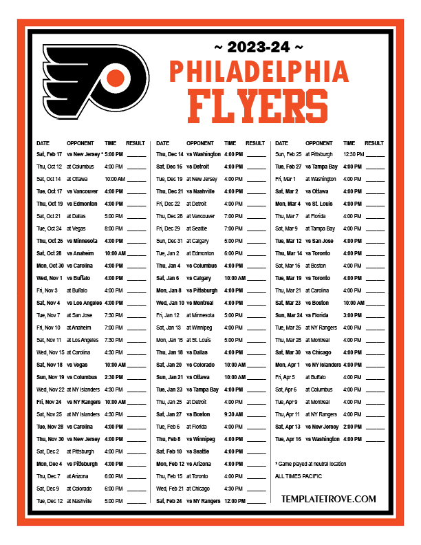 Printable 20232024 Philadelphia Flyers Schedule