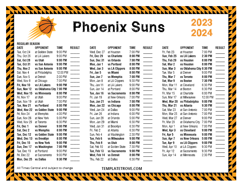 2023 2024 Printable Phoenix Suns Schedule Central Times 