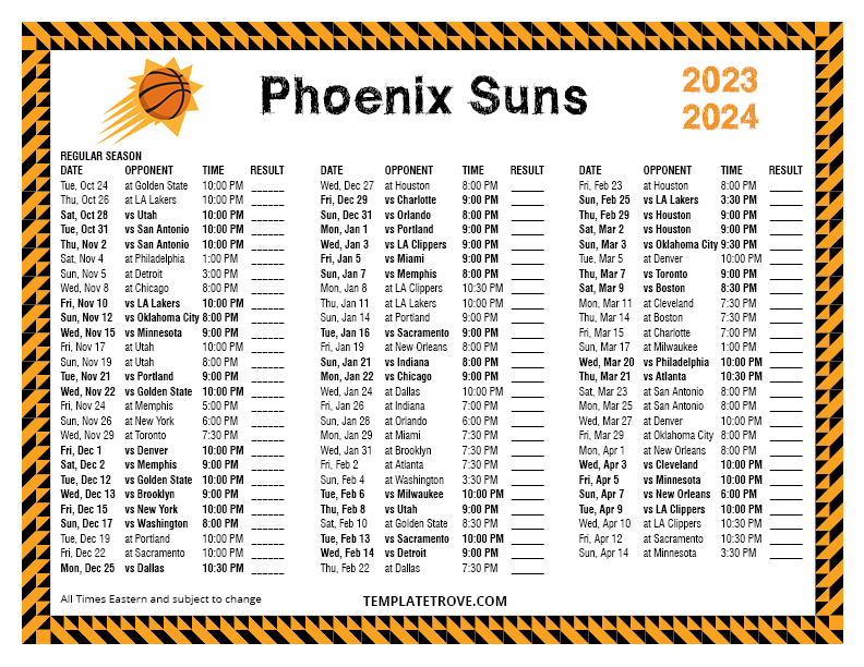 Printable 2023-2024 Phoenix Suns Schedule