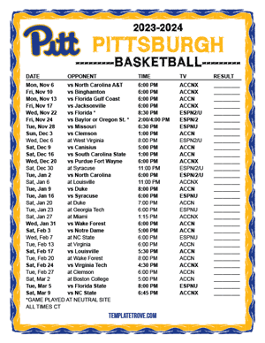 Pittsburgh Panthers Basketball 2023-24 Printable Schedule - Central Times