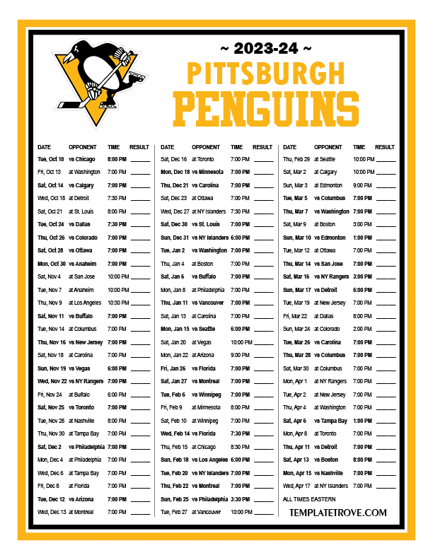 Printable 2023-2024 Pittsburgh Penguins Schedule