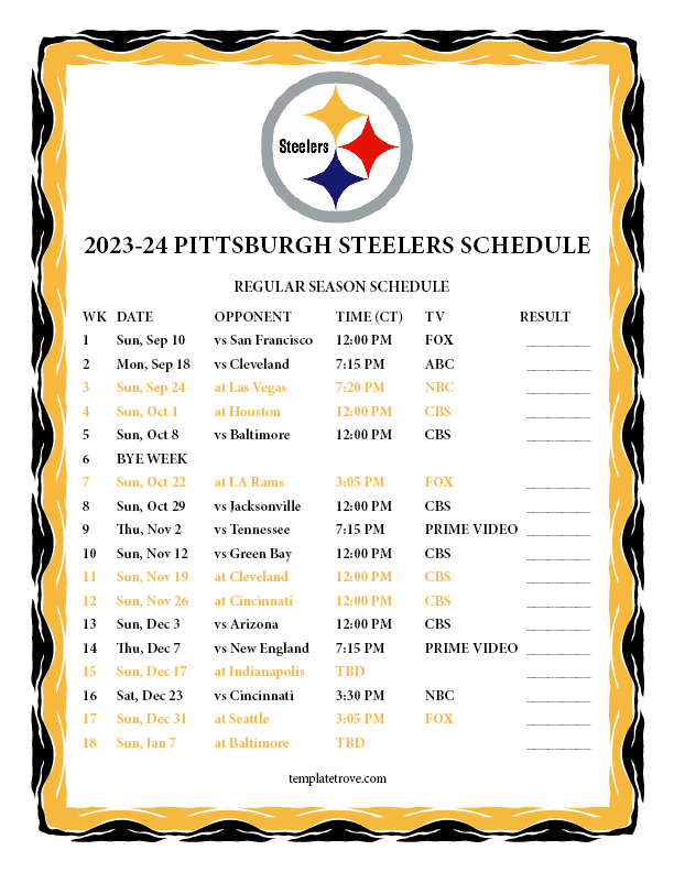 2024 Steelers Schedule Printable Ettie Janetta