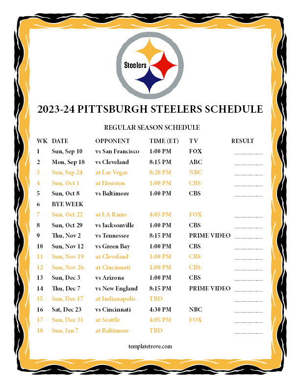 Steelers Schedule 2024 Regular Season Kay Kimmie