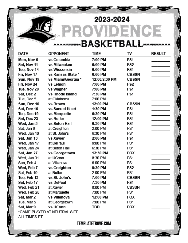 Printable 2023-2024 Providence Friars Basketball Schedule Printable 2023-2024 Providence Friars Basketball Schedule