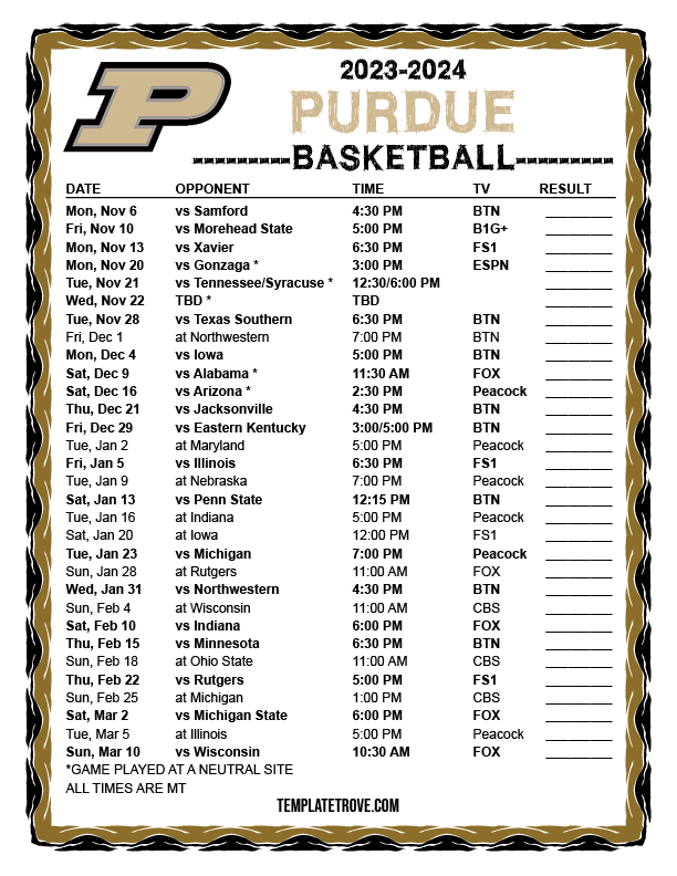 Printable 20232024 Purdue Boilermakers Basketball Schedule
