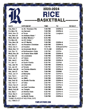 Rice Owls Basketball 2023-24 Printable Schedule - Central Times
