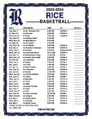 Rice Owls Basketball 2023-24 Printable Schedule - Mountain Times
