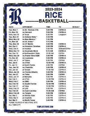 Rice Owls Basketball 2023-24 Printable Schedule - Pacific Times