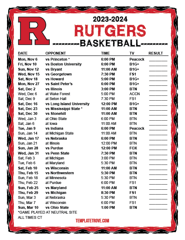 Printable 20232024 Rutgers Scarlet Knights Basketball Schedule