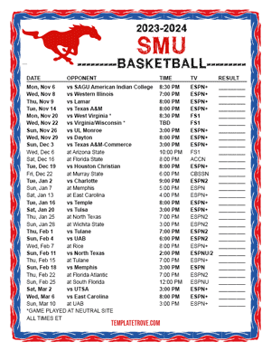 SMU Mustangs Basketball 2023-24 Printable Schedule