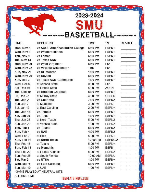Printable 20232024 SMU Mustangs Basketball Schedule