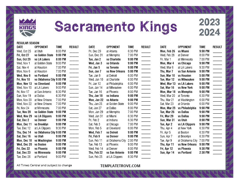 Printable 2023-2024 Sacramento Kings Schedule