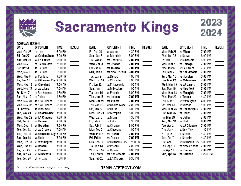 Printable 20232024 Sacramento Kings Schedule