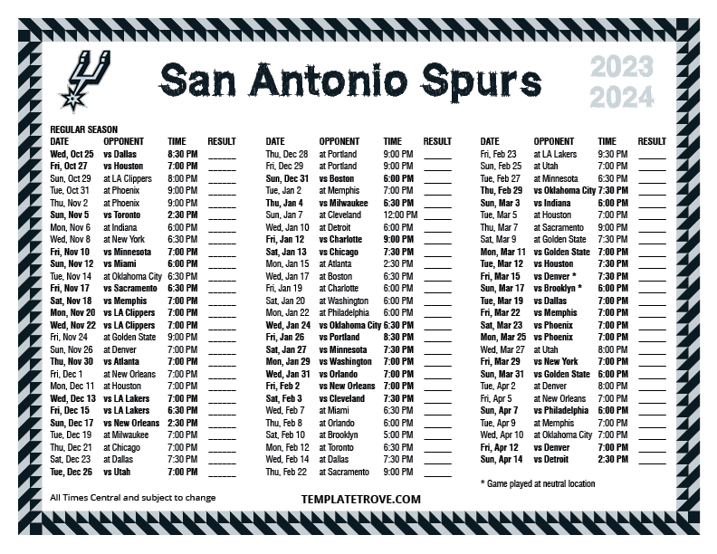 2023 2024 Printable San Antonio Spurs Schedule Central Times 