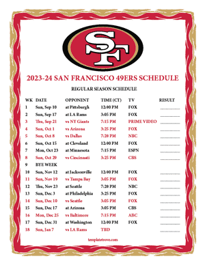 San Francisco 49ers 2023-24 Printable Schedule - Central Times