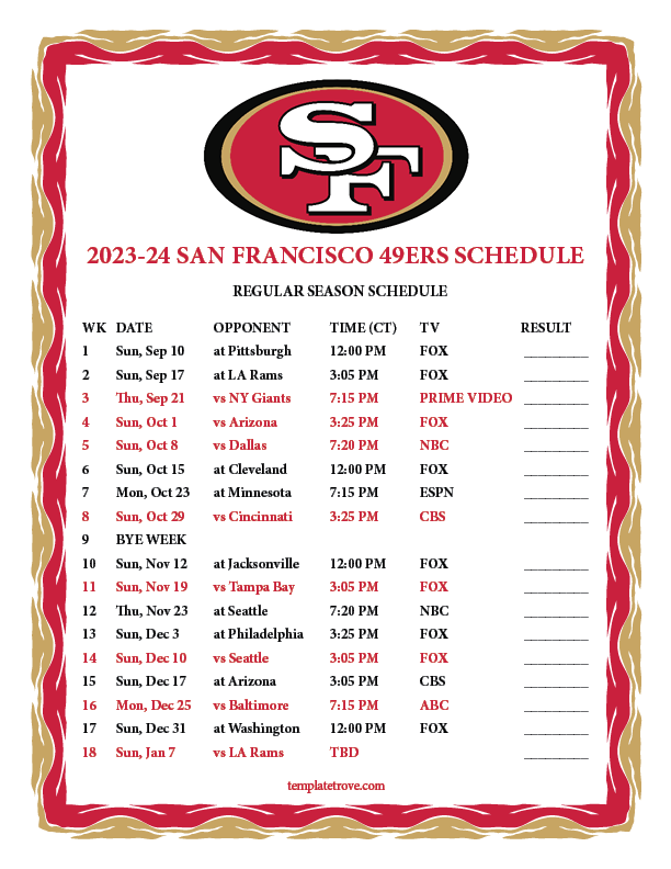 2023 2024 Printable San Francisco 49ers Schedule CT PNG 
