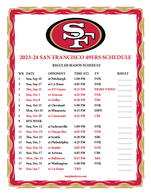 2024 Nfl 49ers Schedule Hetti Lanette